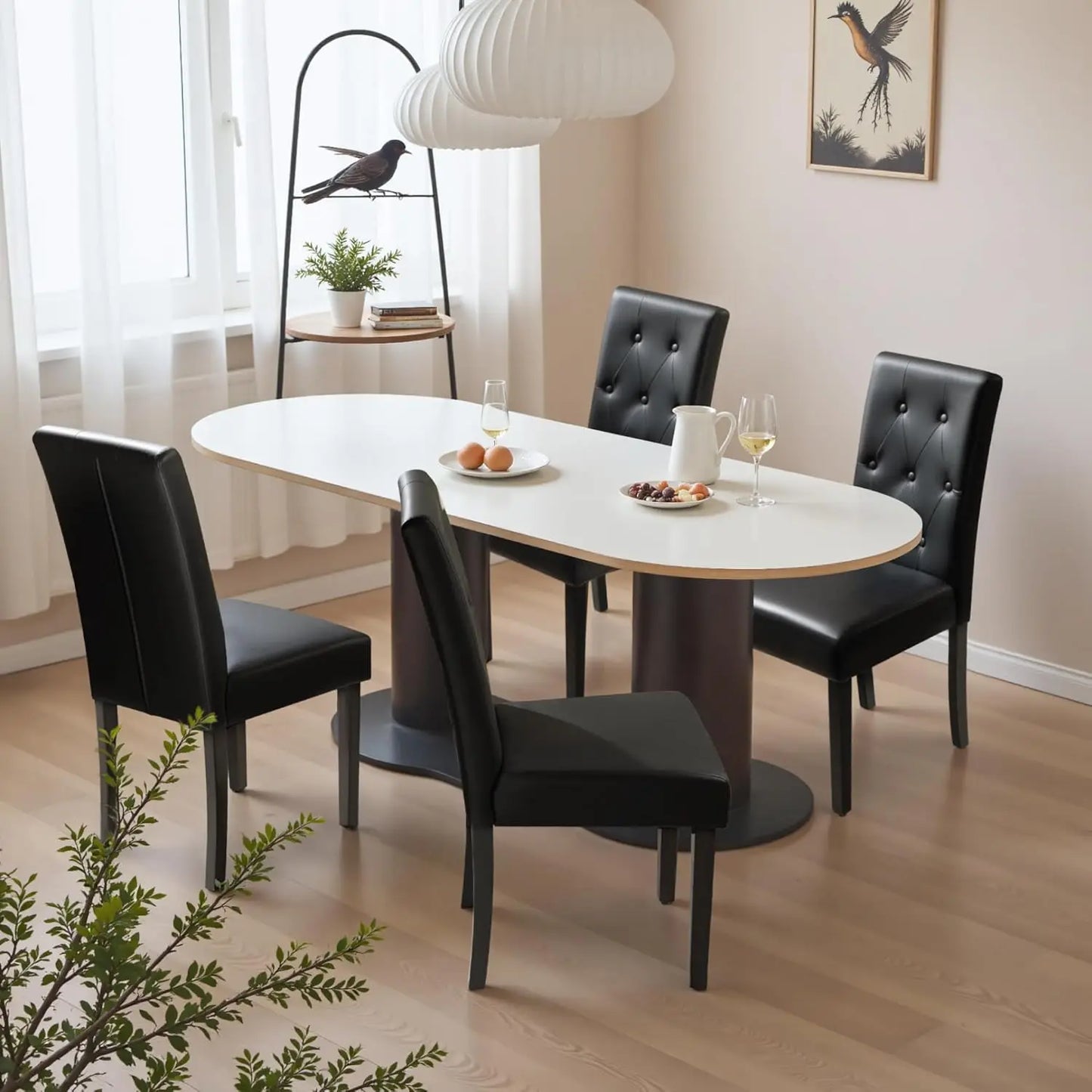 Upholstered Dining Chairs Set Of 4 With Button Tufted PU Leather And Wood Legs