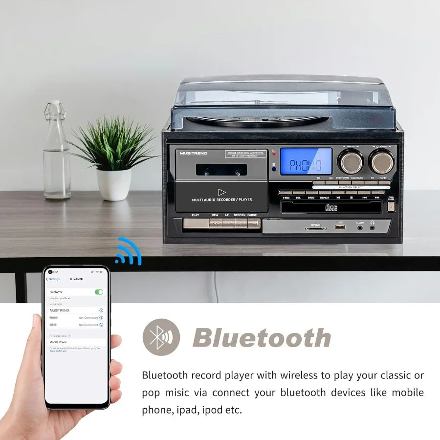 SHXI 9-in-1 Vinyl Record Player With 3-Speed Bluetooth AM-FM Radio