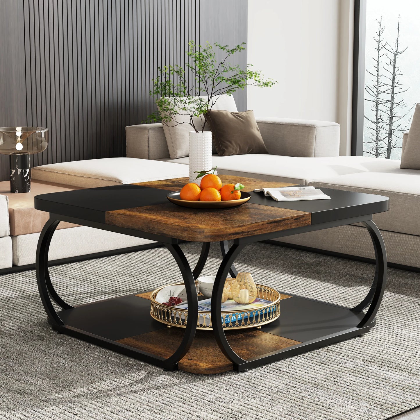 Tribesigns Square Coffee Table Two Tier Wood Storage Shelf