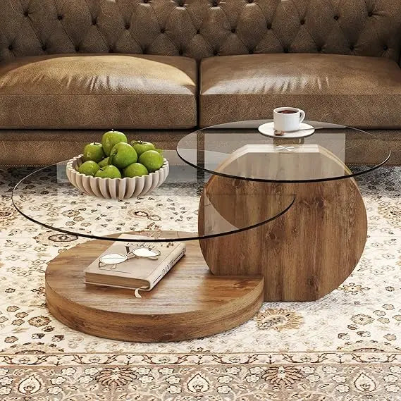 Modern Tempered Glass Coffee Table With Wood 3 Tier Design