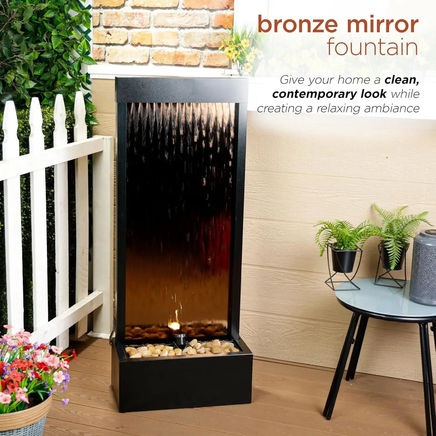 Mirror Waterfall Fountain With Stones And Lights For Zen Decor