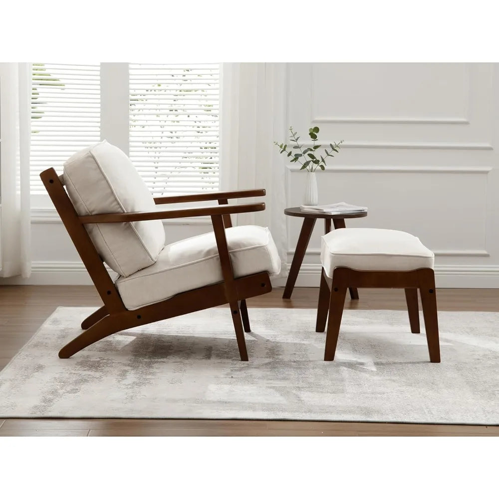 RBXC Mid Century Modern Accent Chair With Ottoman Walnut Linen
